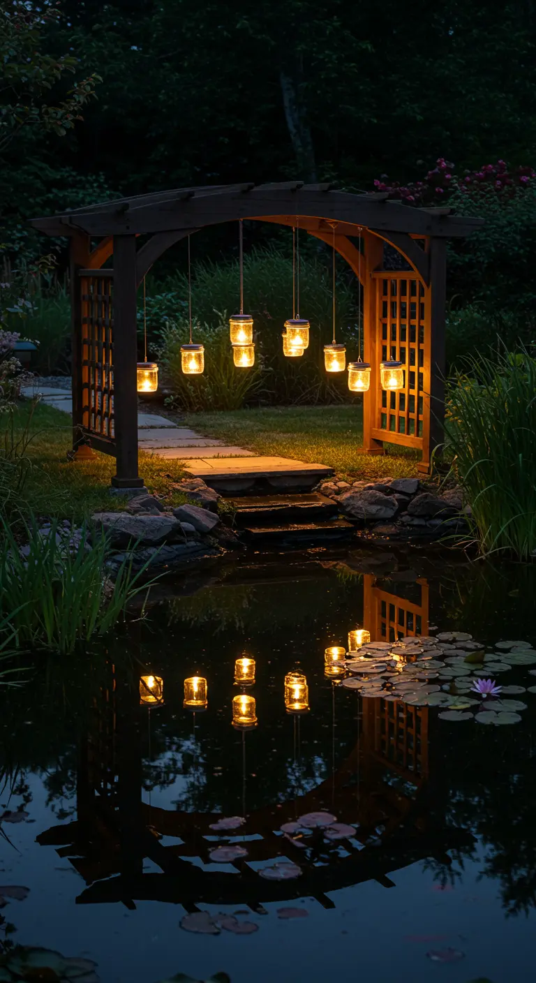 Dark wood arbor at the edge of a pond, with hanging solar jars reflected in the water.