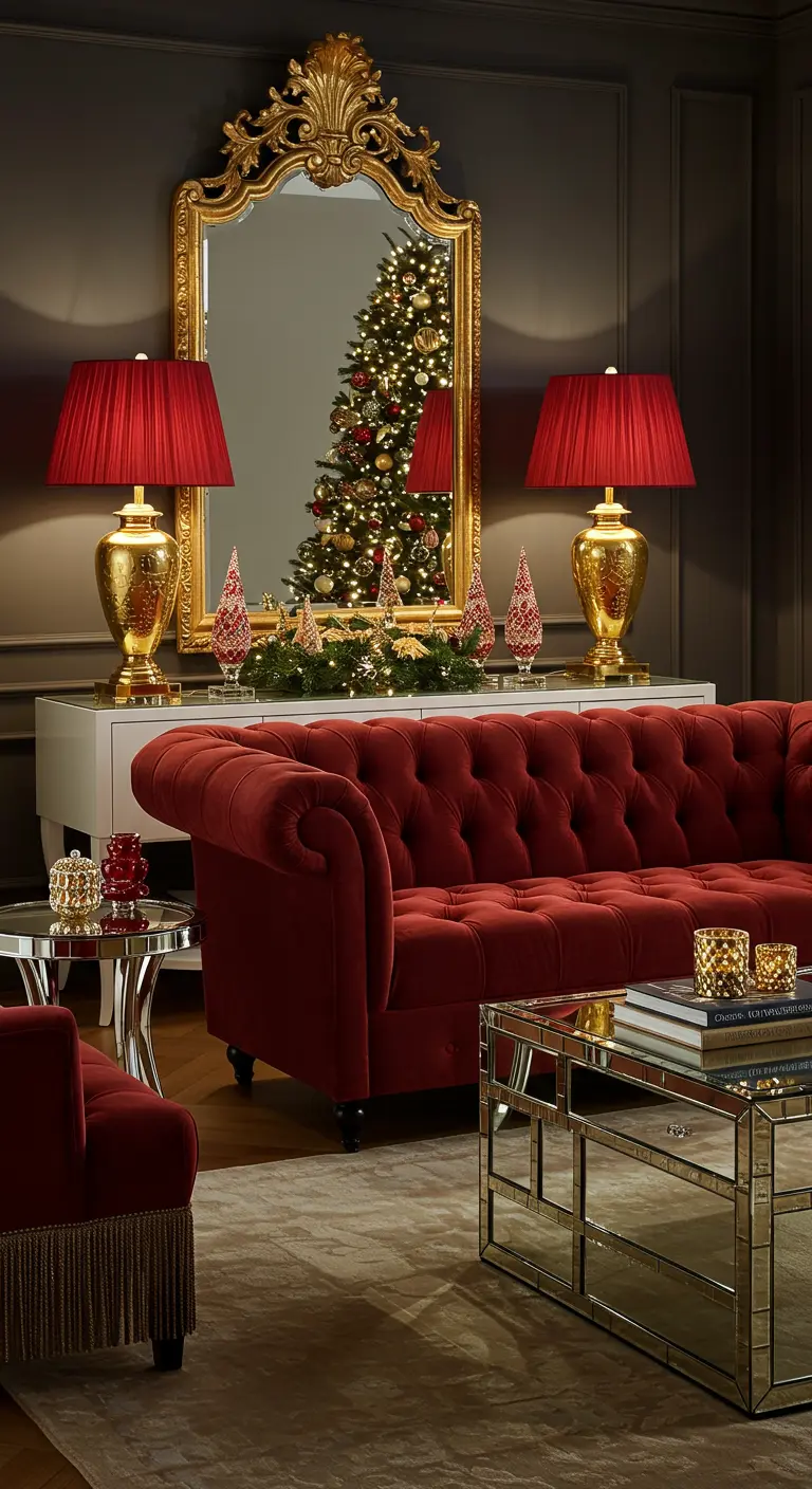 A red tufted sofa in front of a large gold mirror reflecting a Christmas tree.