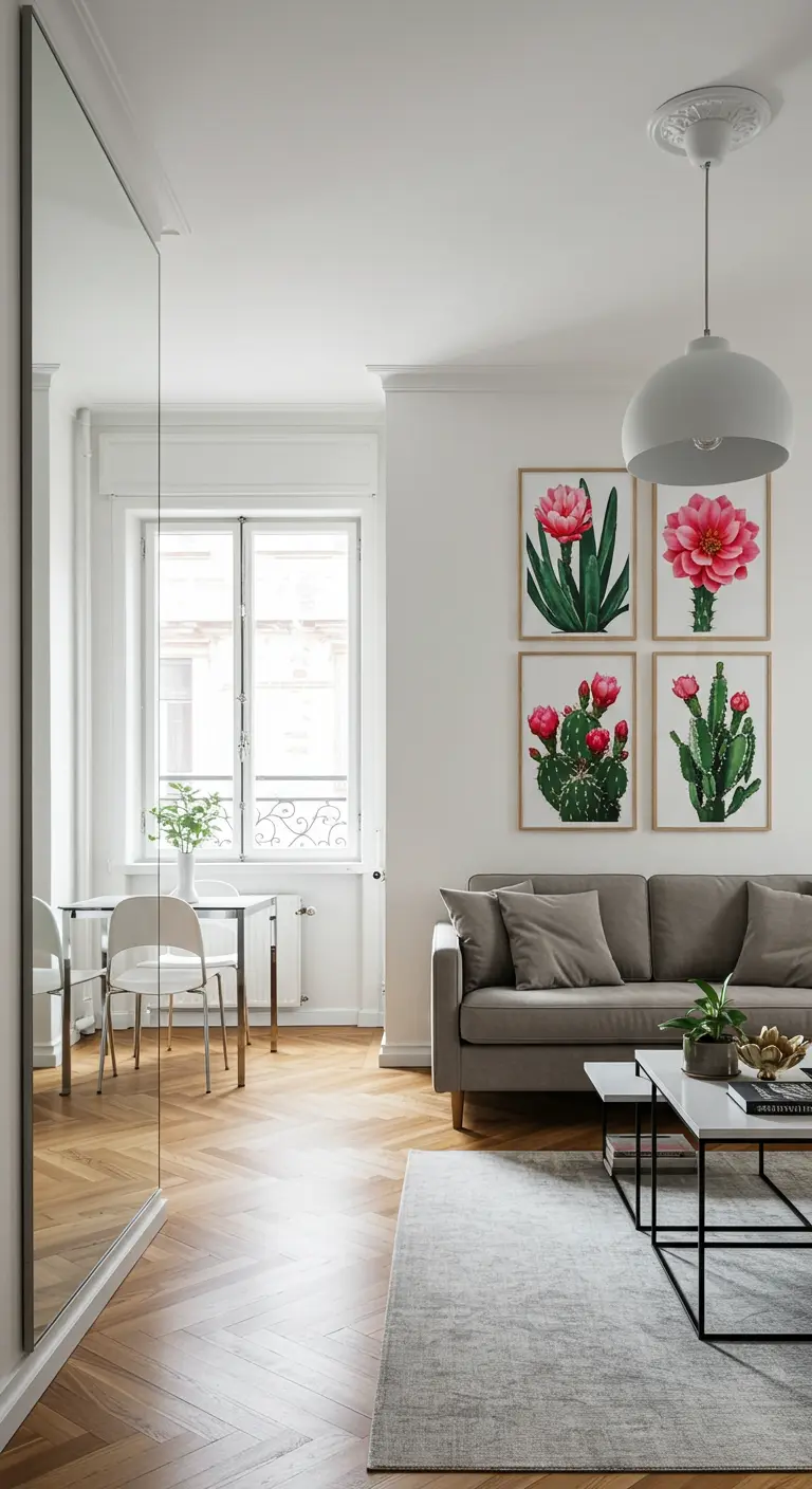A large mirror reflects a living room with a grid of four pink and green cactus flower prints.