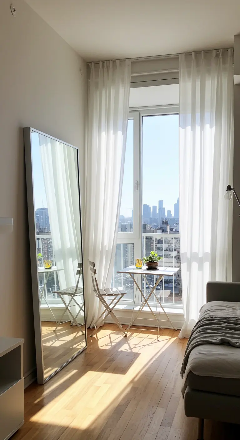 A large, full-length mirror leaning against a wall, reflecting a bright, sunlit window.