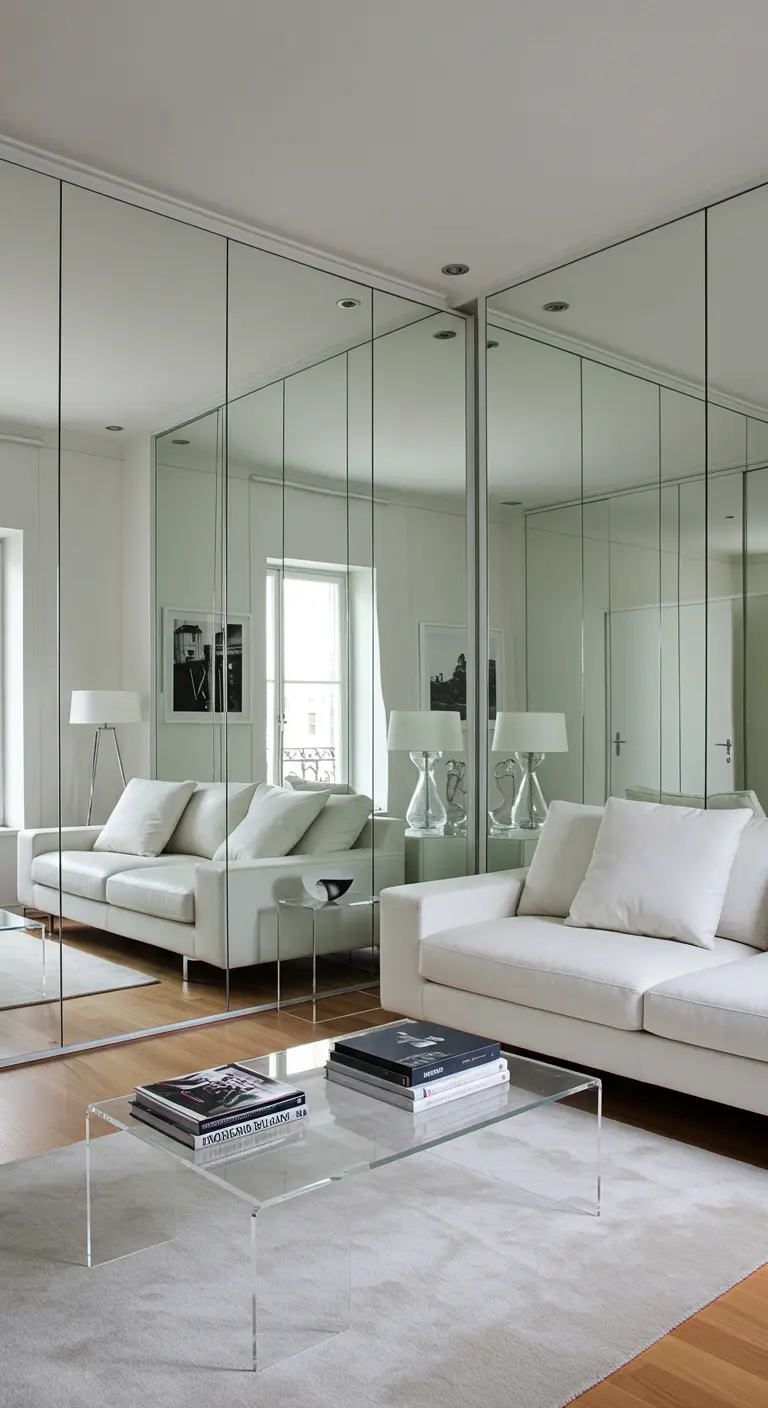 A bright living room where a wall of closets is covered in large, seamless mirrors.