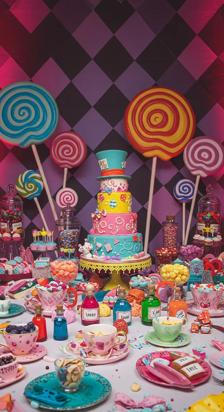 Alice in Wonderland themed dessert table with mismatched teacups and a checkerboard pattern.