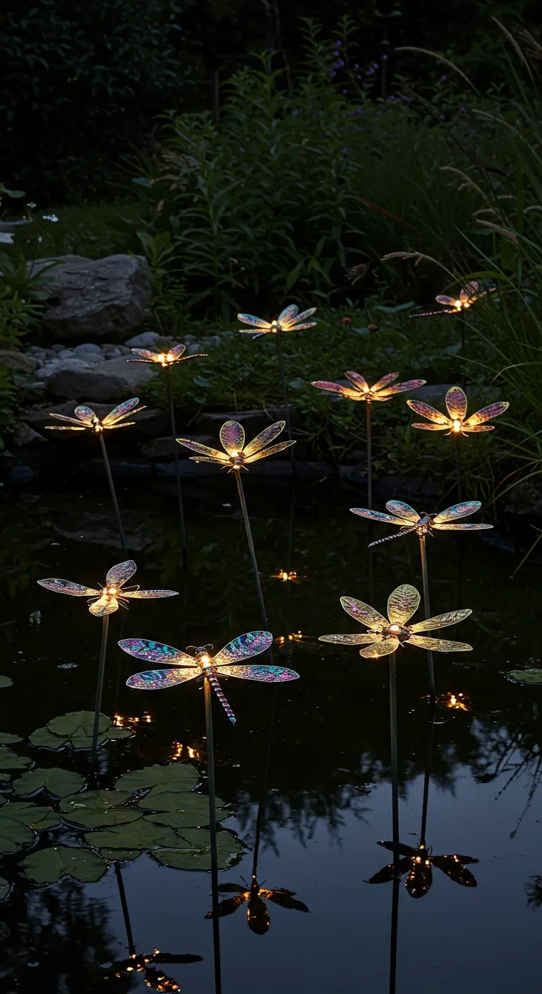Solar-powered dragonfly lights with iridescent wings placed around a dark pond.