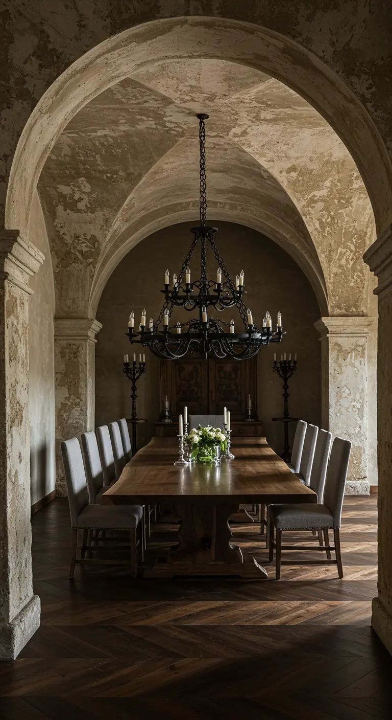 Grand dining room with vaulted stone ceiling and large iron chandelier.