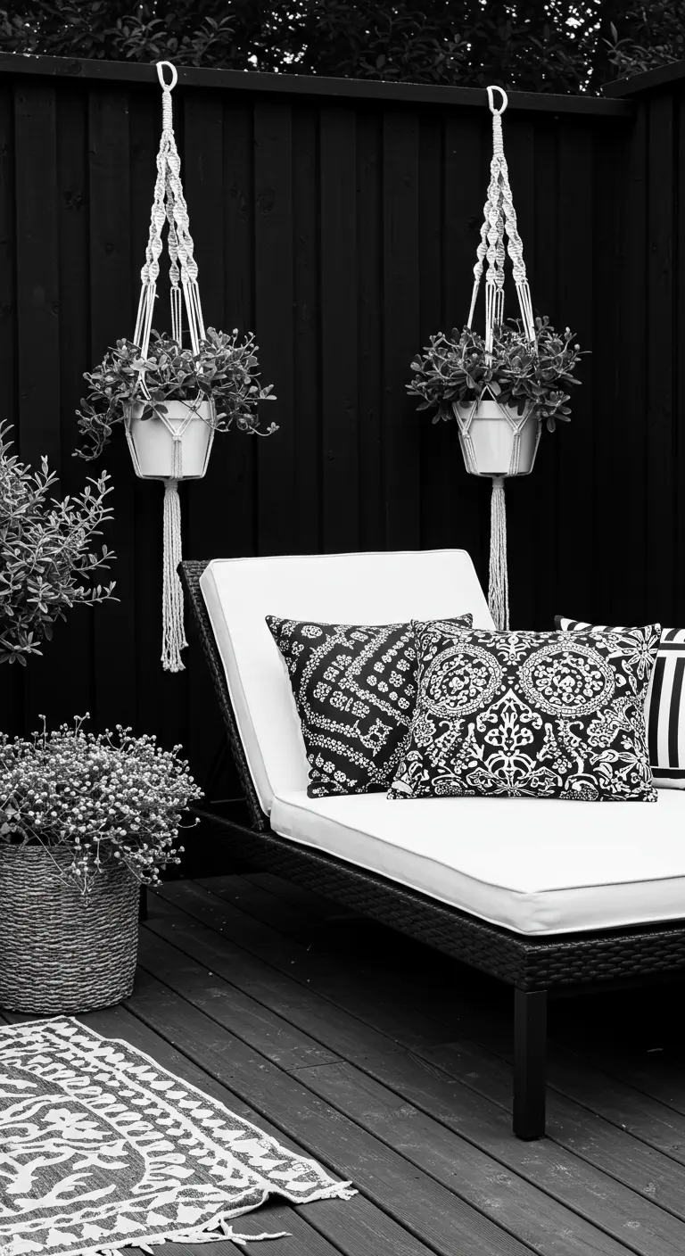 A black and white lounger scene with patterned pillows against a black fence.