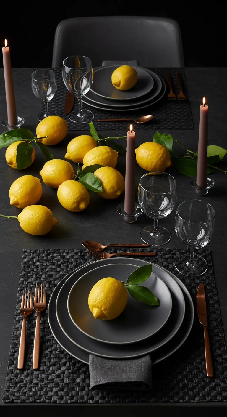 A dramatic all-black table setting with scattered lemons, dark candles, and copper flatware.