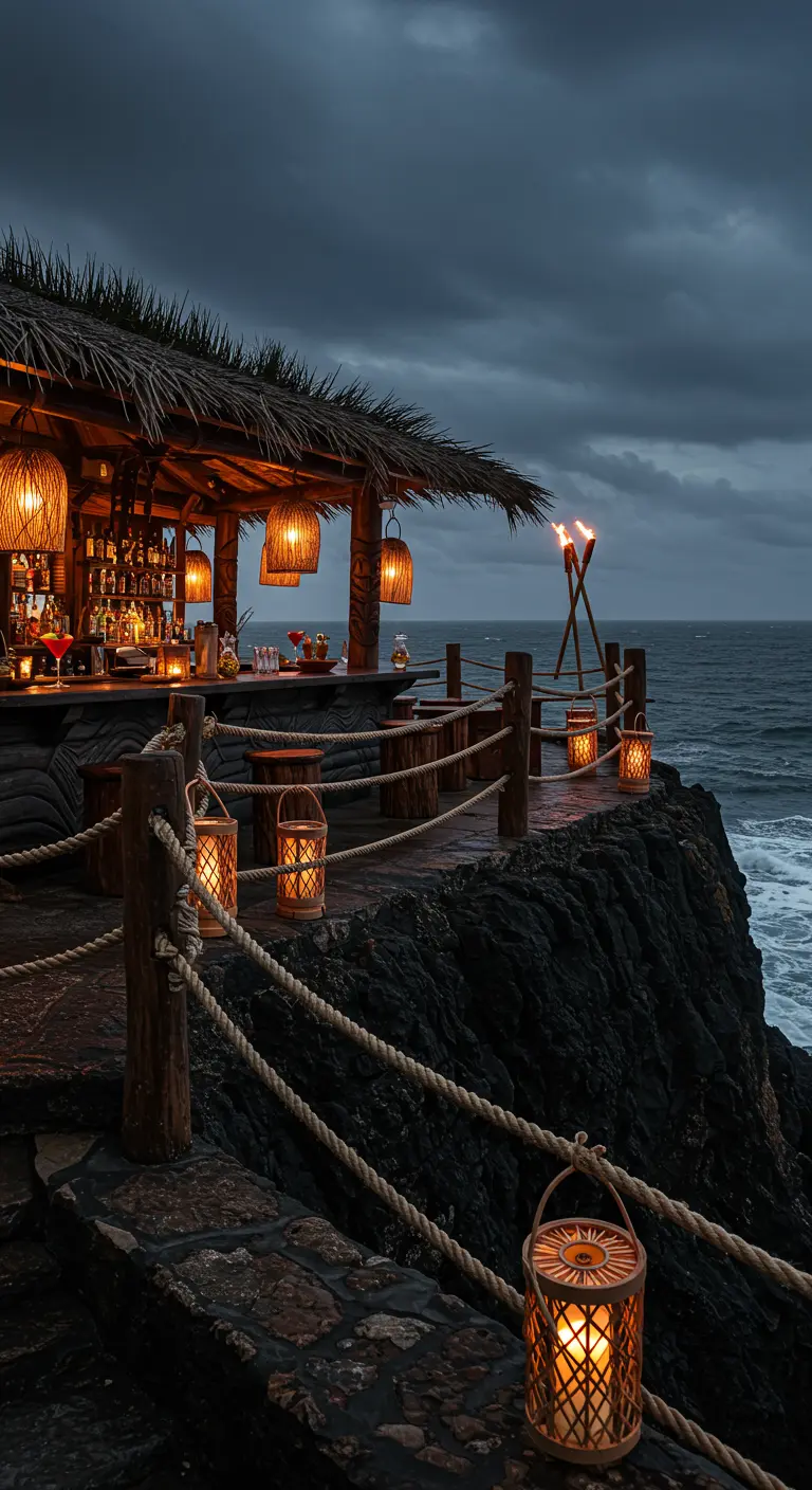 A tiki bar perched on a dark, rocky cliffside at dusk, lit by torches and lanterns.