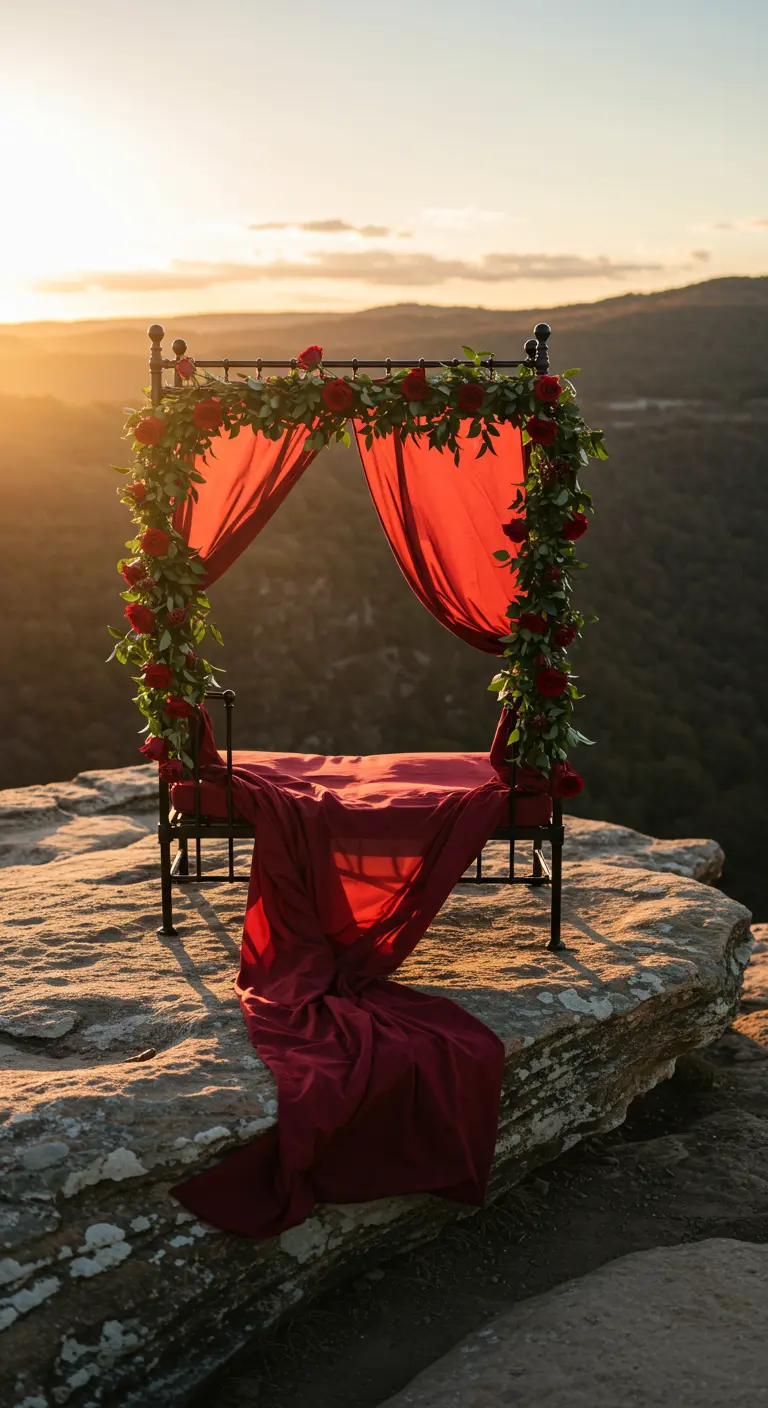 A black four-poster daybed on a cliff at sunset, draped in red fabric and red roses.