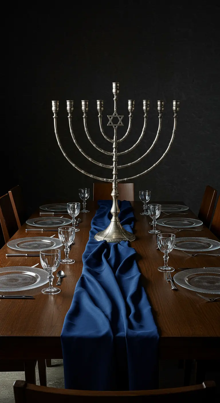 A dark wood table with a dramatically draped blue runner and a tall silver menorah.