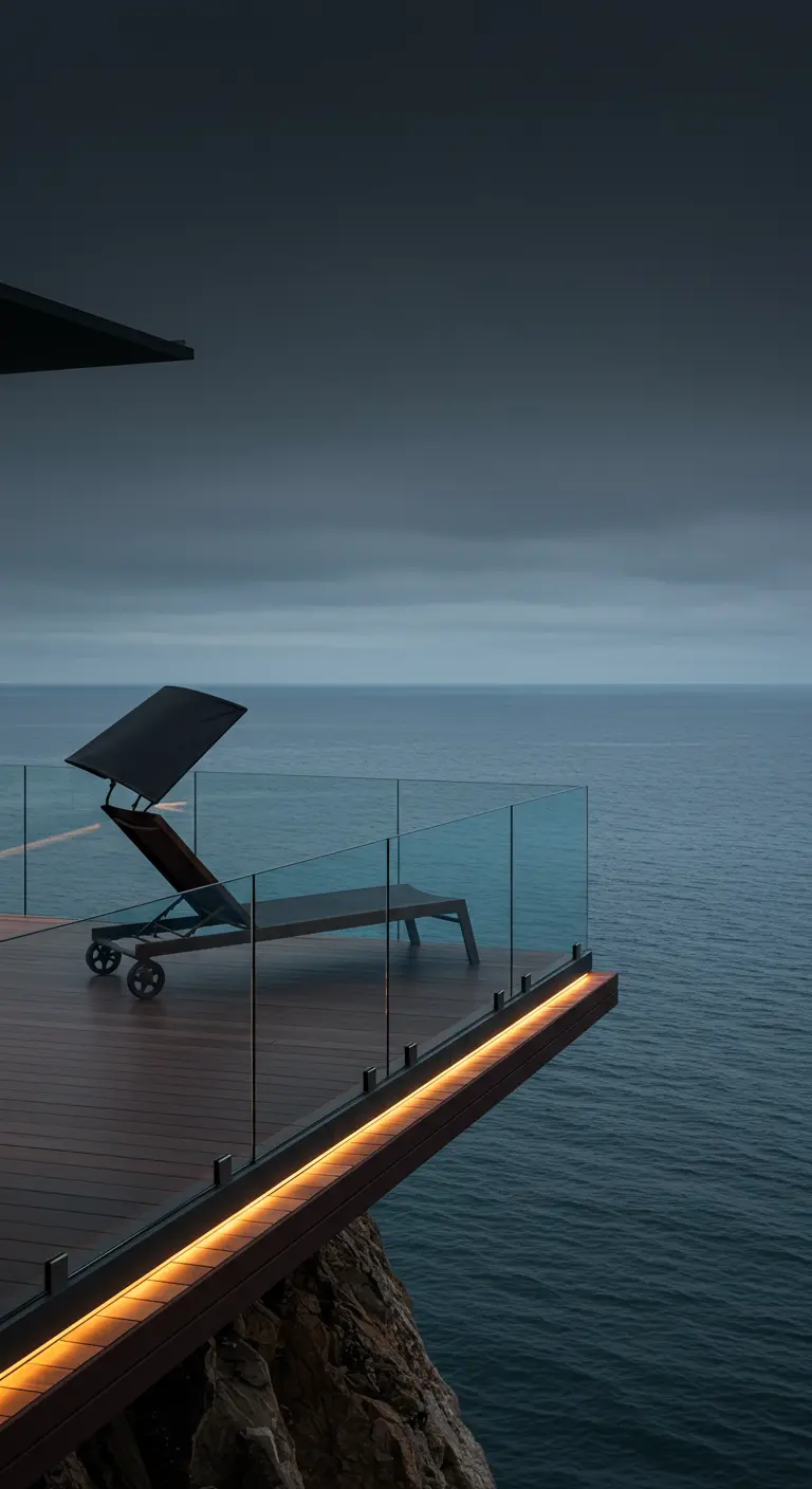 A lone sunbed on a cliffside deck with glass railings and warm edge lighting.