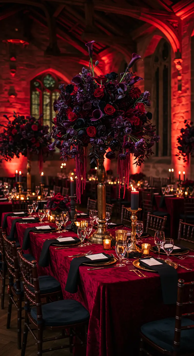Grand hall with long tables, red velvet tablecloths, dark floral centerpieces, and black taper candles.