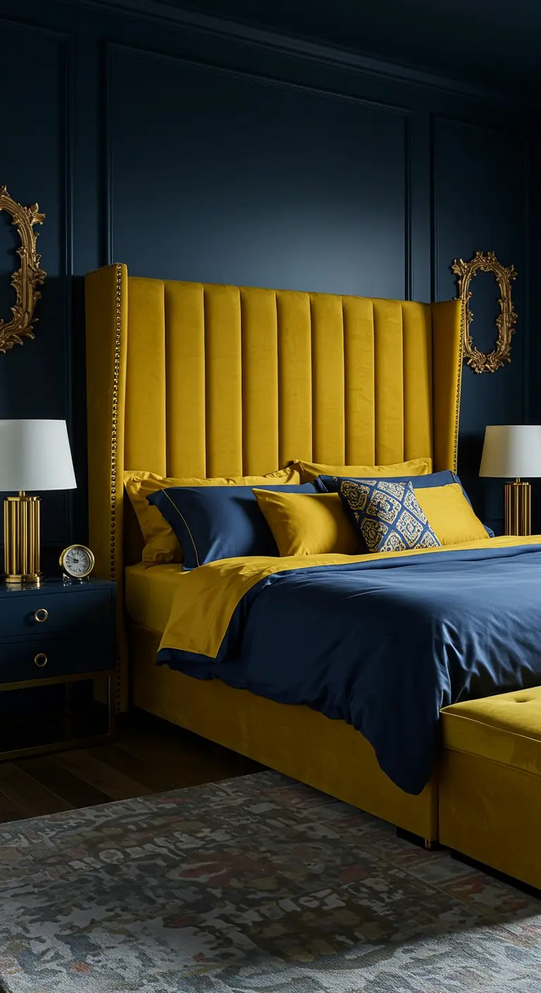 Navy blue bedroom with a tall, saffron yellow channel-tufted headboard.