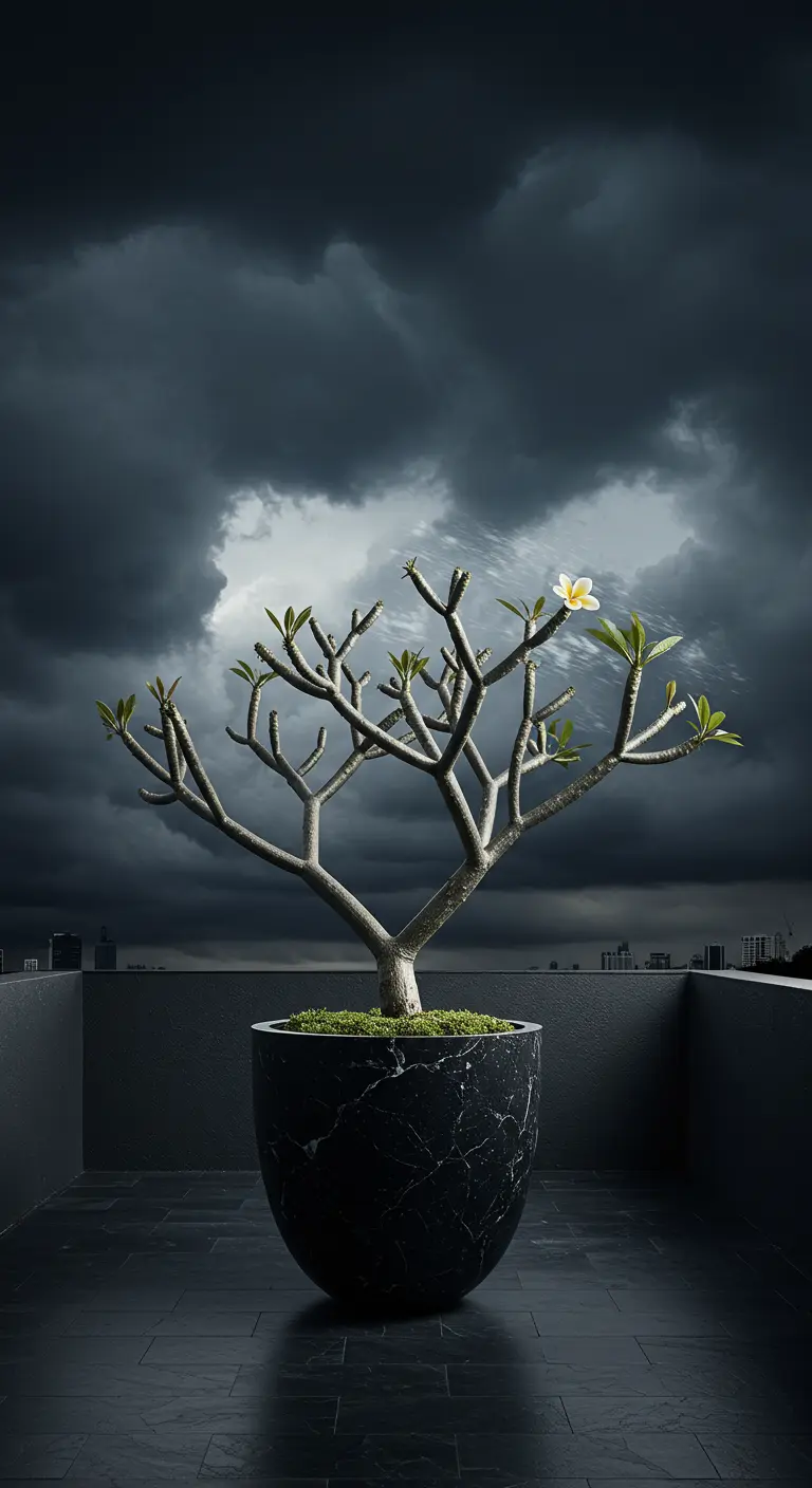 A bare-branched Frangipani tree with one flower in a black pot against a stormy sky.