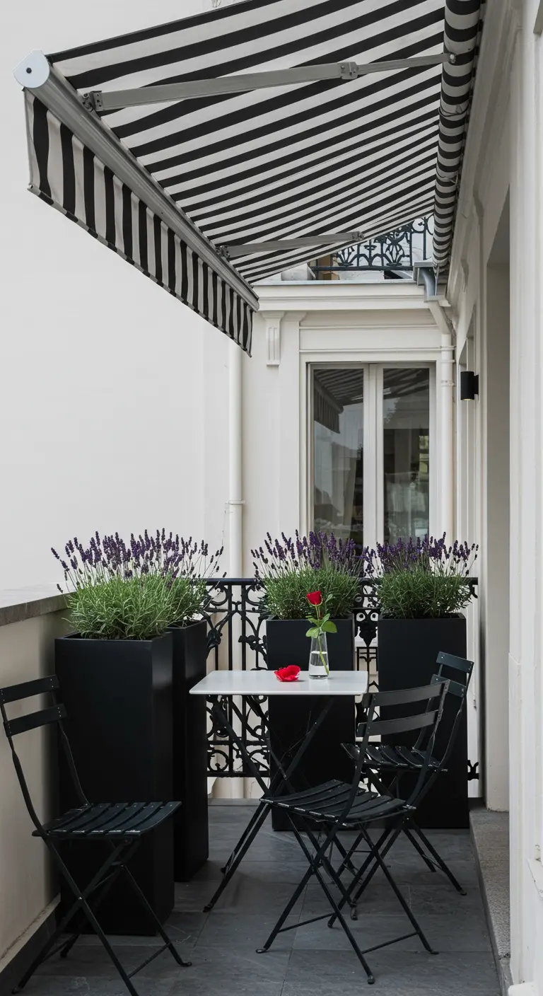 A sleek black and white balcony with tall black planters and a single red rose on the table.