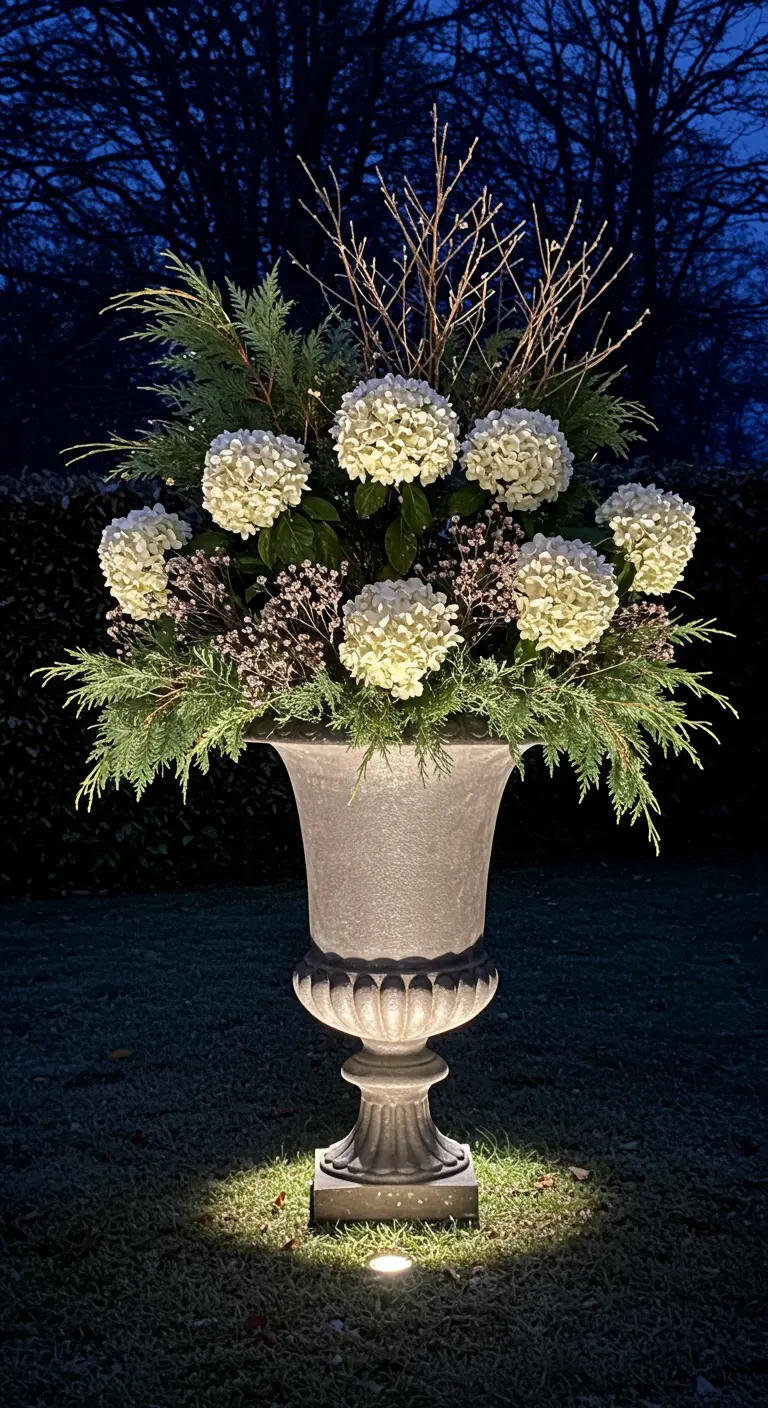 A large stone urn with white hydrangeas, dramatically lit from below against a dark sky.
