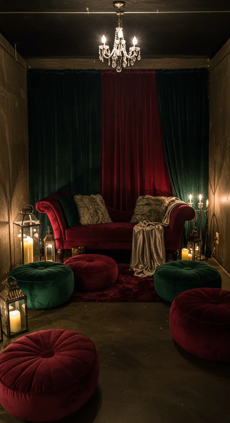 Dark, dramatic room with a red velvet chaise lounge, green and red velvet floor poufs, and candle lanterns.
