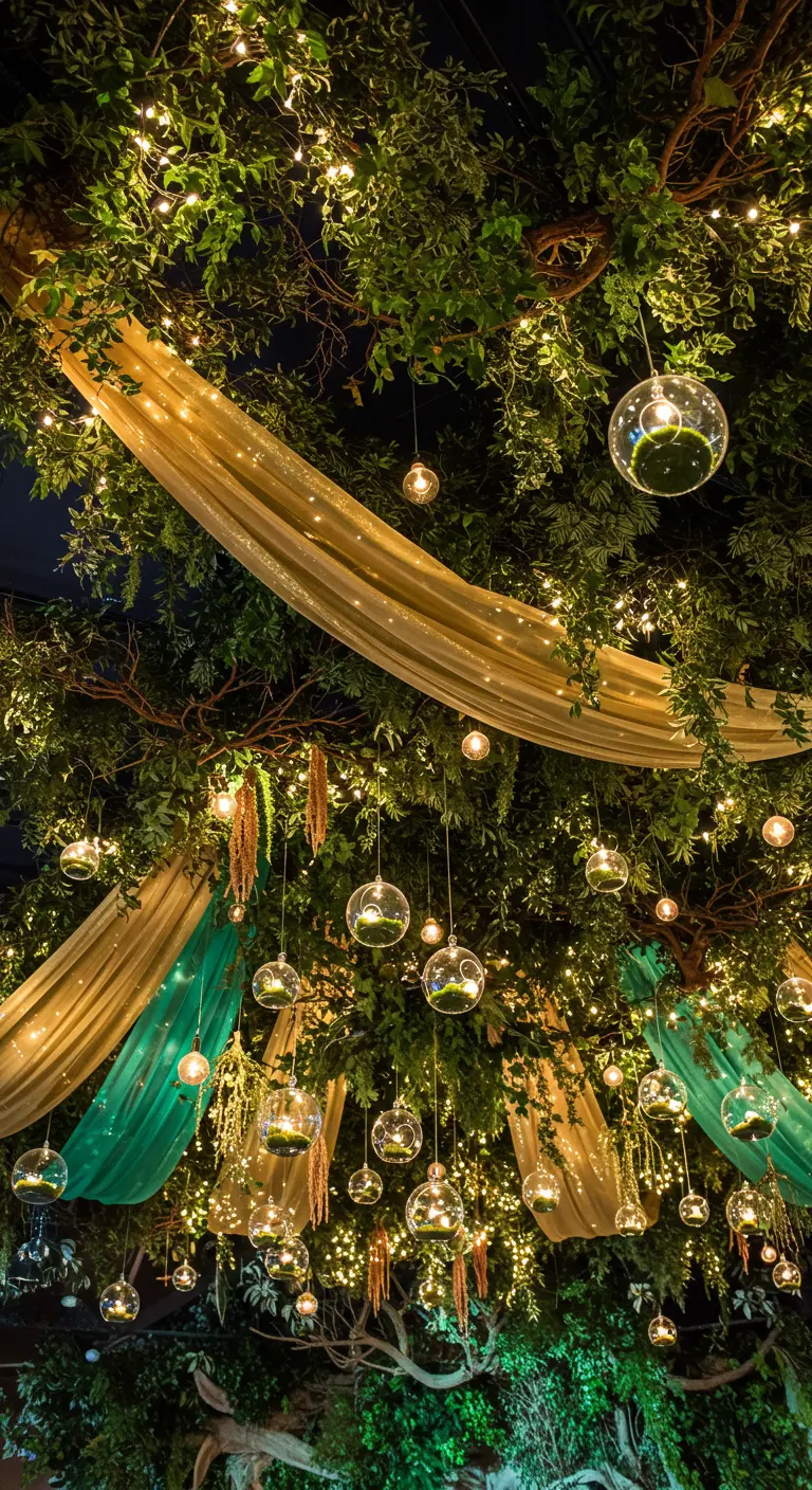 A ceiling decorated with green and gold fabric, fairy lights, and hanging glass orbs.