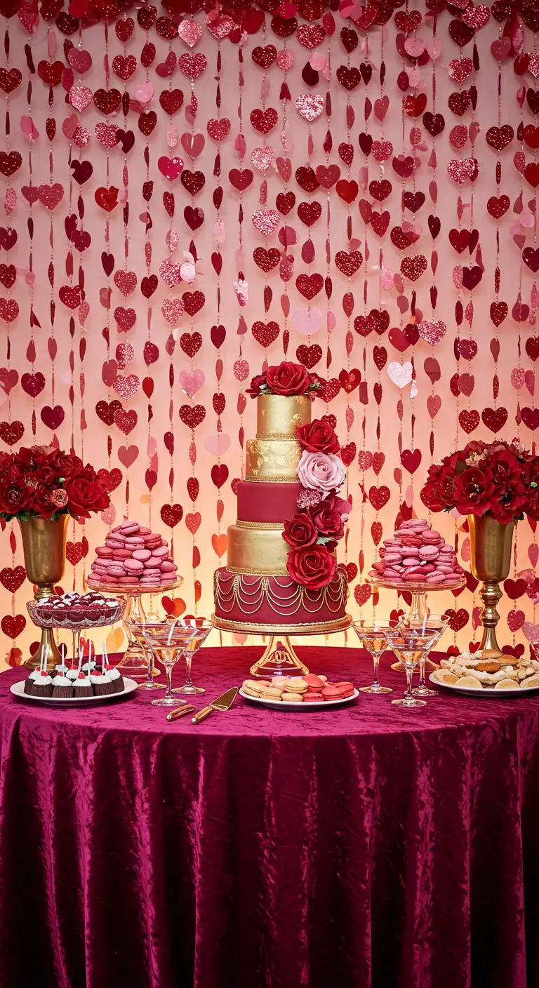 A dessert table with a tiered cake in front of a wall covered in hanging strands of pink and red glitter hearts.
