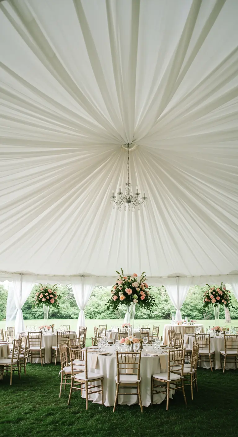 A white party tent with the entire ceiling draped in flowing white tulle.