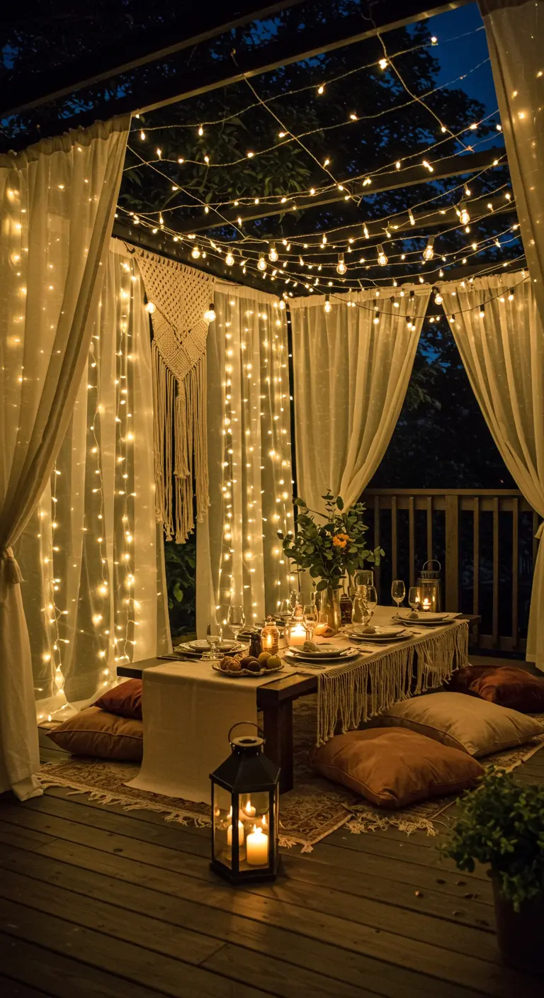 An outdoor dining table under a canopy of sheer white curtains and hundreds of fairy lights.