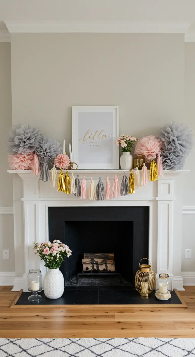 A fireplace mantel decorated with tulle pom-poms and a tassel garland.