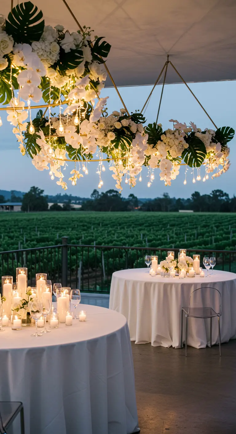A modern floral hoop with white orchids and fairy lights hangs over candlelit tables at dusk.