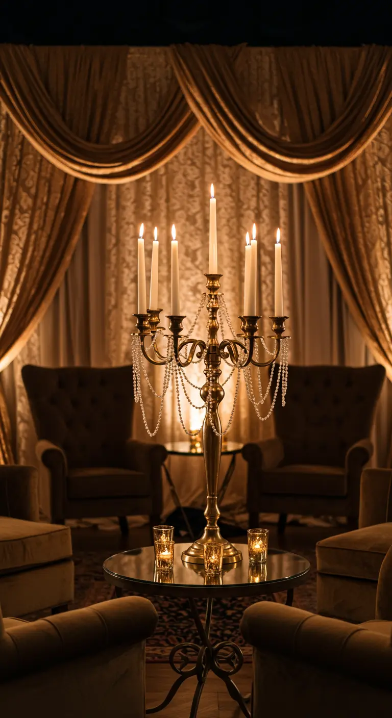 A tall gold candelabra draped with strands of pearls in a dimly lit, luxurious room.