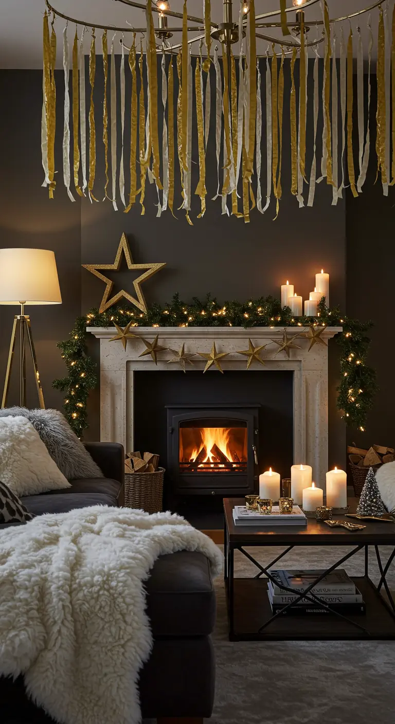 A chandelier decorated with long, hanging strips of gold and white ribbon.