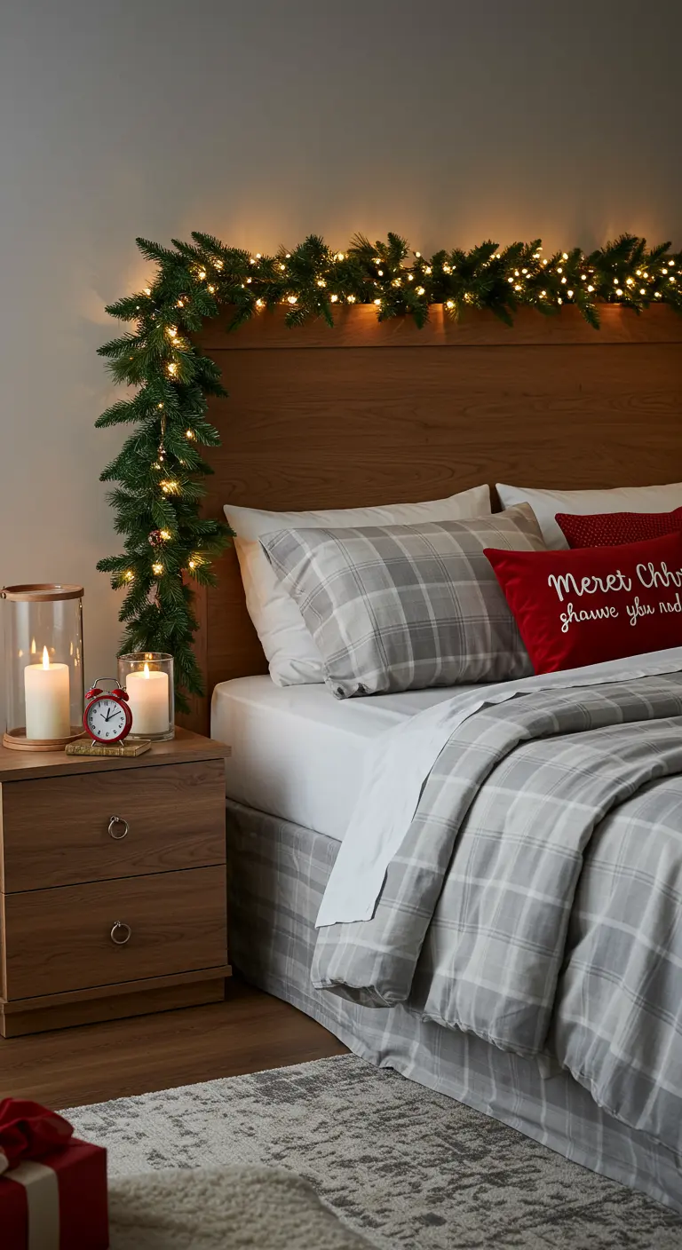 A cozy bed with plaid pillows and a headboard draped with a glowing pine garland.