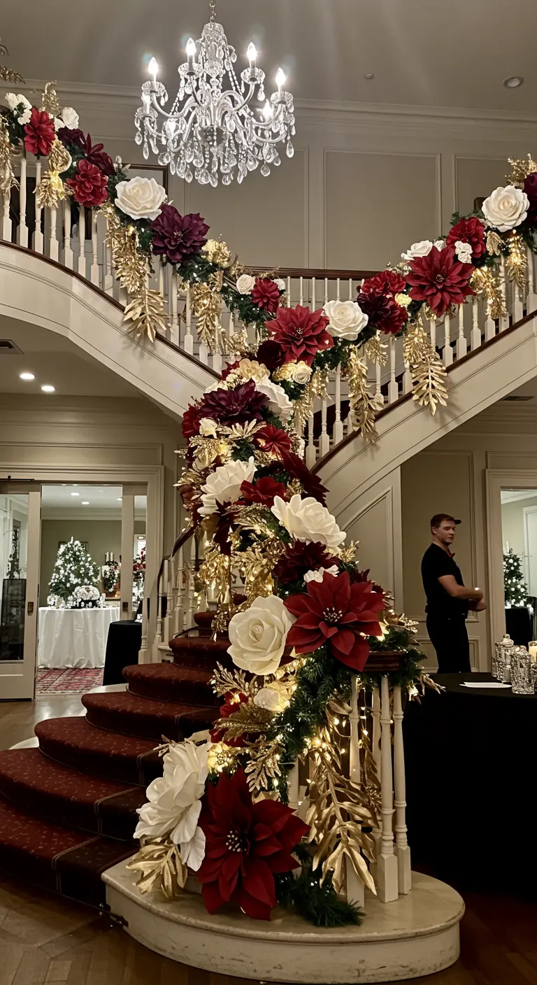 A grand staircase draped in a garland of paper poinsettias, gold leaves, and twinkle lights.