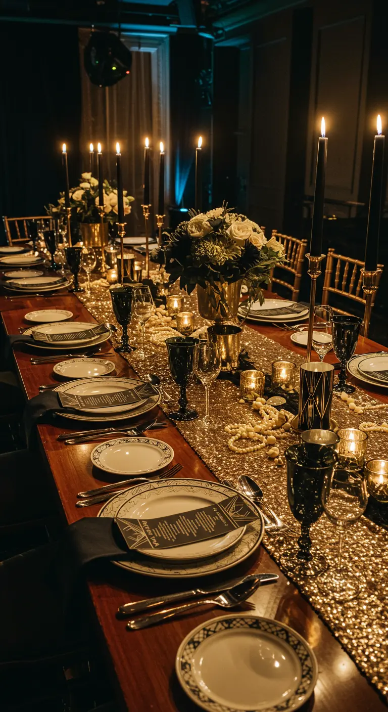 A moody tablescape with a gold sequin runner, black candles, and pearls.