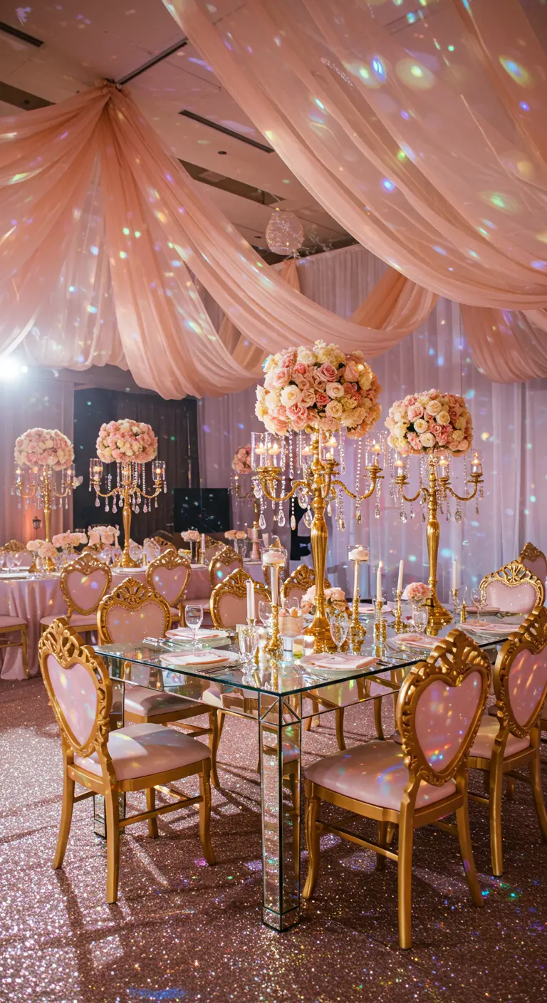 A magical party with tables under a ceiling draped in pink fabric with sparkling lights.