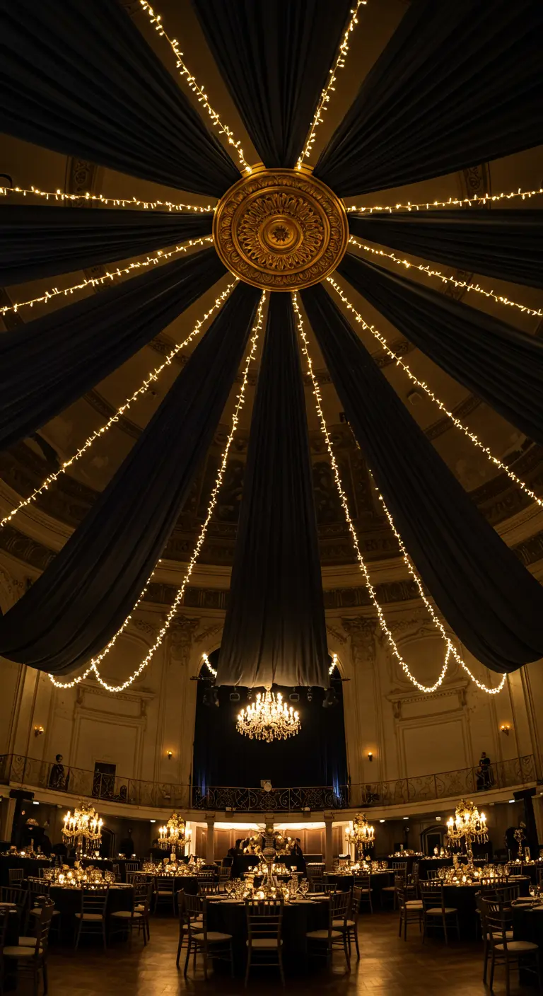 A grand ballroom ceiling draped with black fabric and fairy lights, radiating from a central medallion.