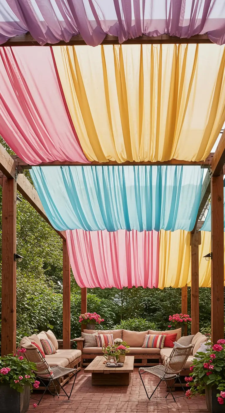 A wooden pergola draped with sheer fabric panels in shades of pink, yellow, and blue.