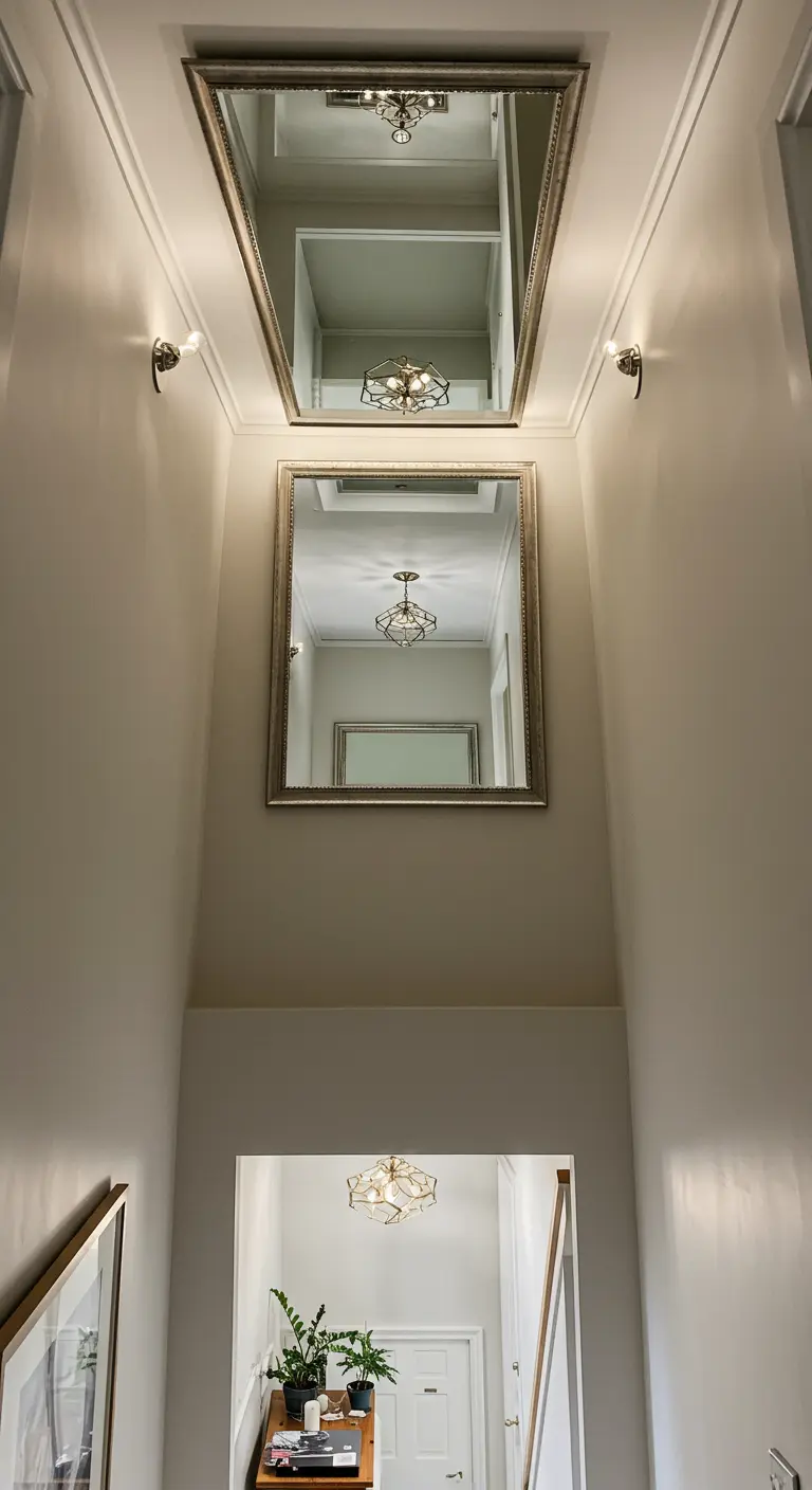 Mirrors installed on the ceiling of a narrow, tall hallway, creating an endless reflection.