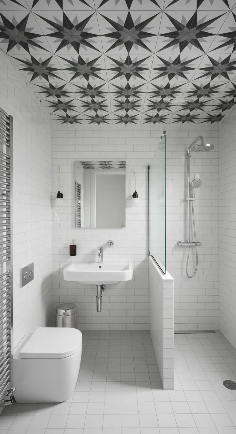 White tile bathroom with a dramatic ceiling covered in gray and black star-patterned tile.