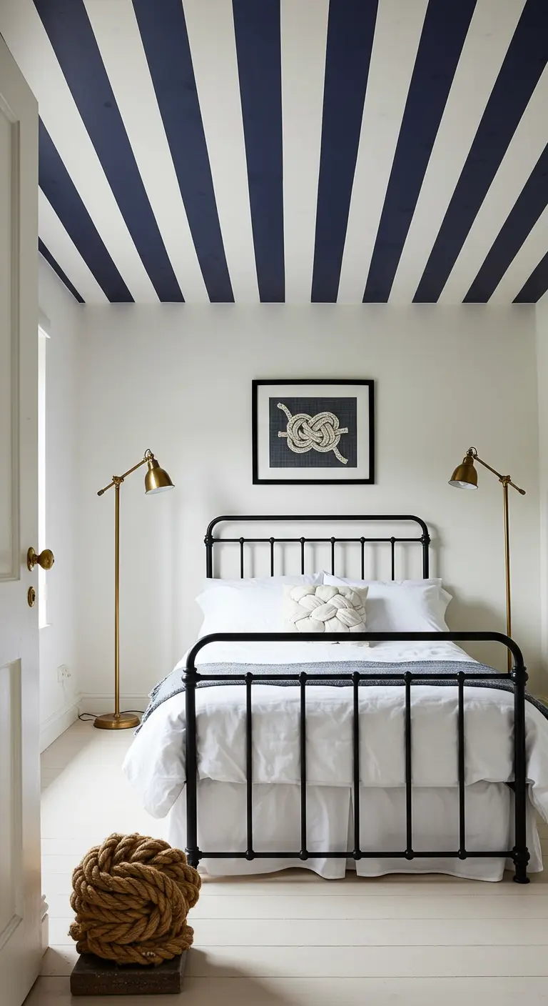 Bedroom with a bold navy-and-white striped ceiling and a simple black metal bed frame.