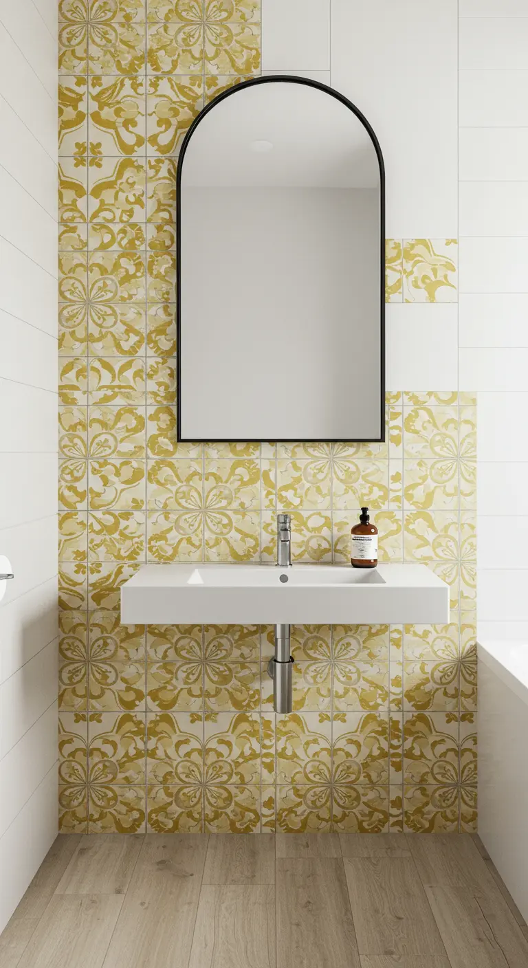 A vertical stripe of yellow and white patterned tile behind a sink and arched mirror.