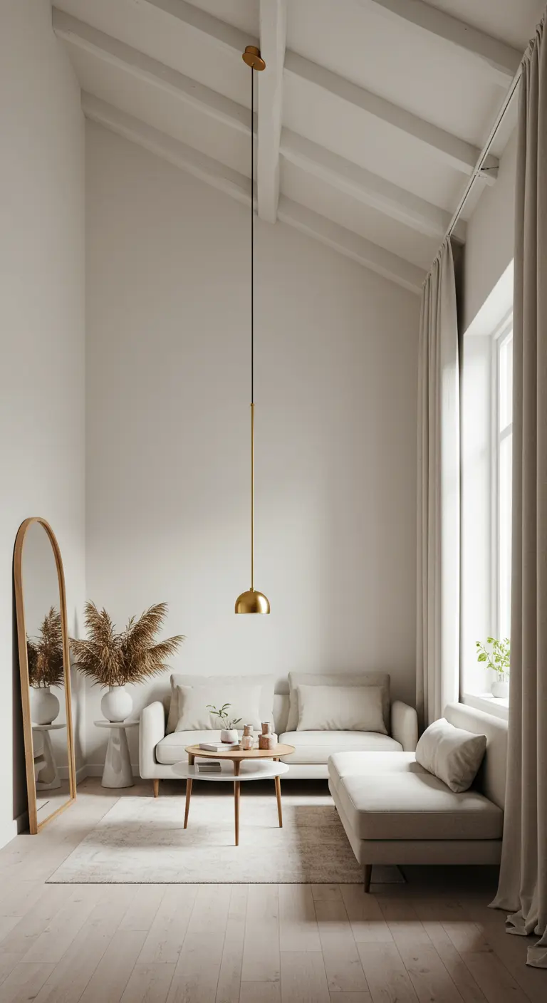 Minimalist living room with a high ceiling and a single long brass pendant over a coffee table.