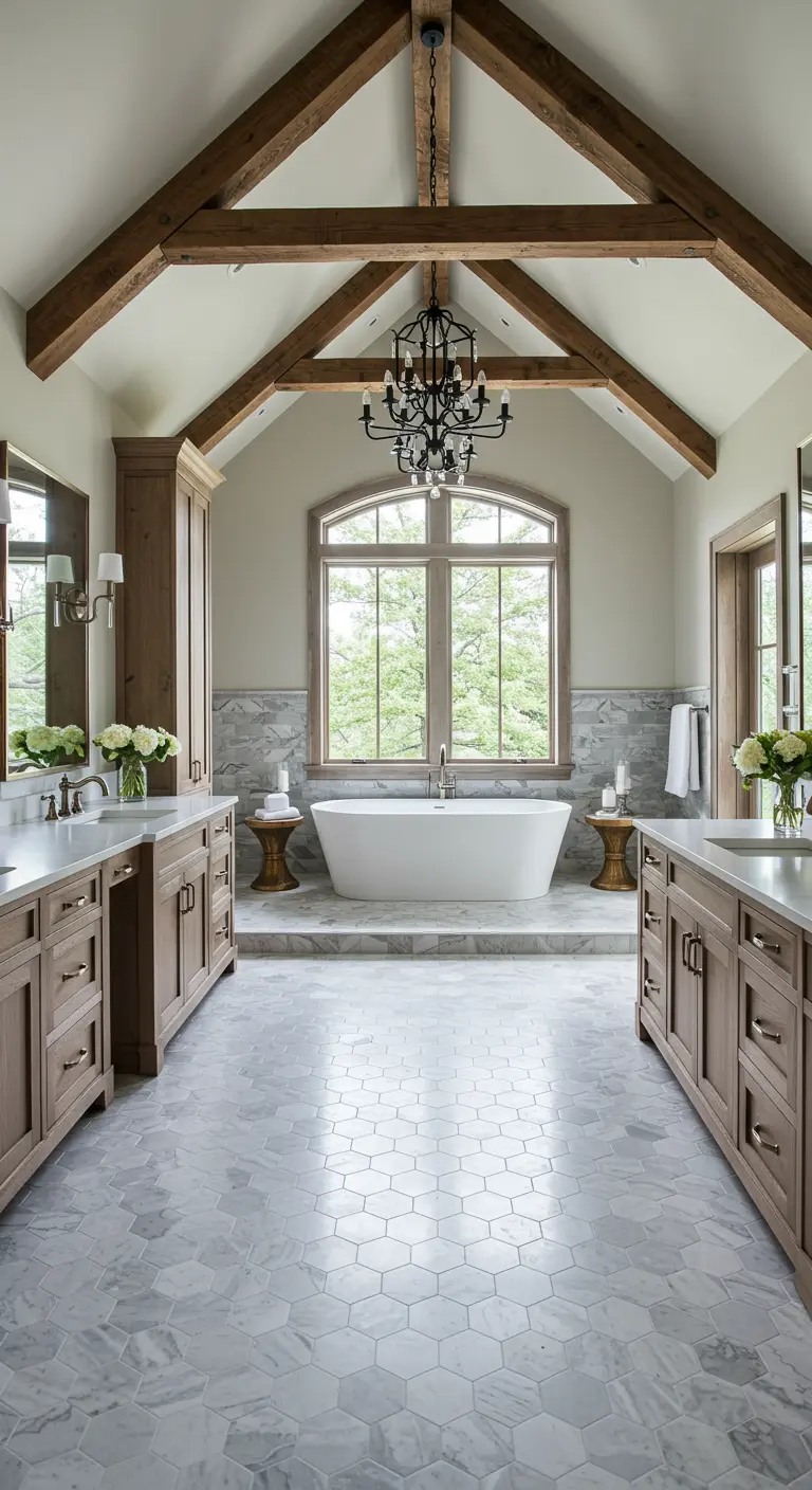 Grand bathroom with a vaulted ceiling, exposed wood beams, a chandelier, and marble hex tiles.