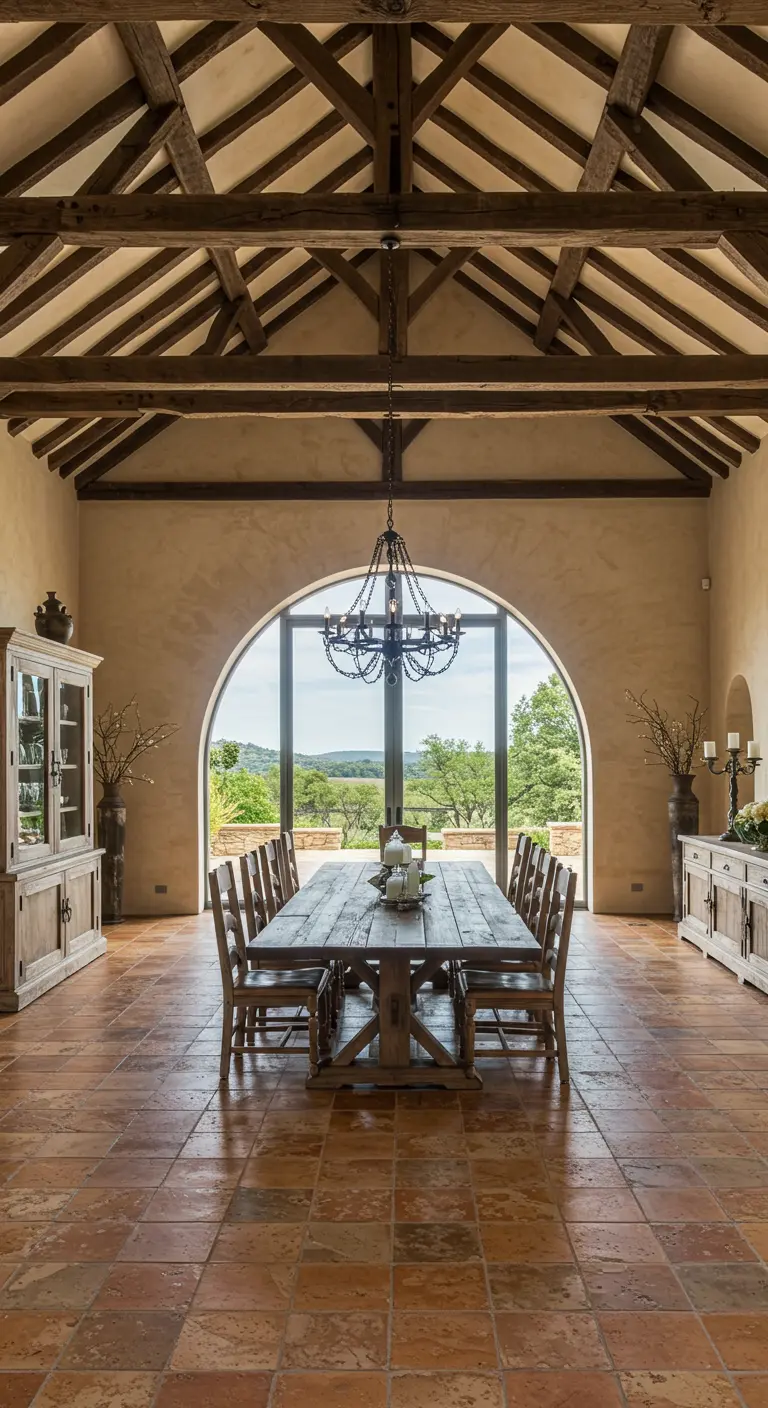 A grand dining hall with a vaulted ceiling featuring exposed wood trusses and beams.