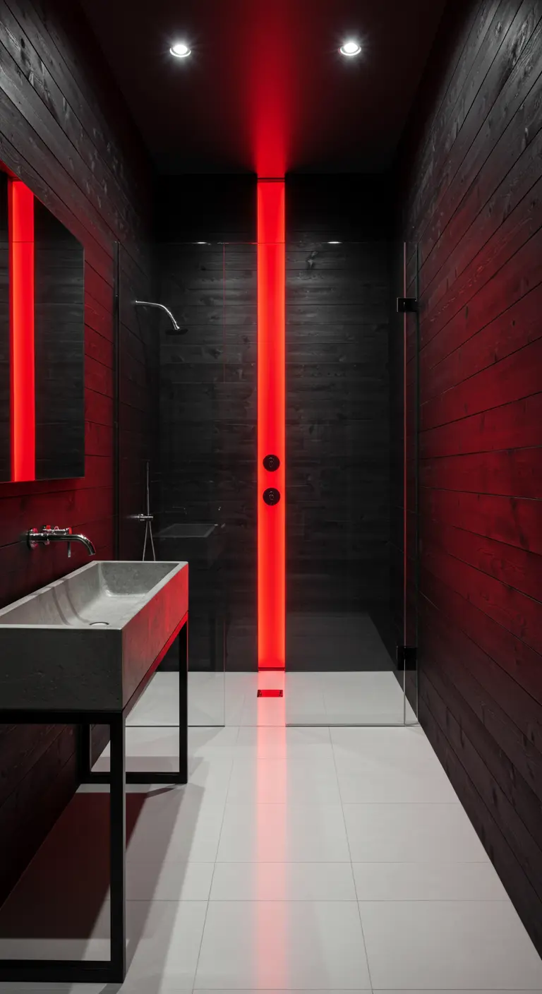 Dark wood bathroom with a striking vertical red LED light strip in the shower.