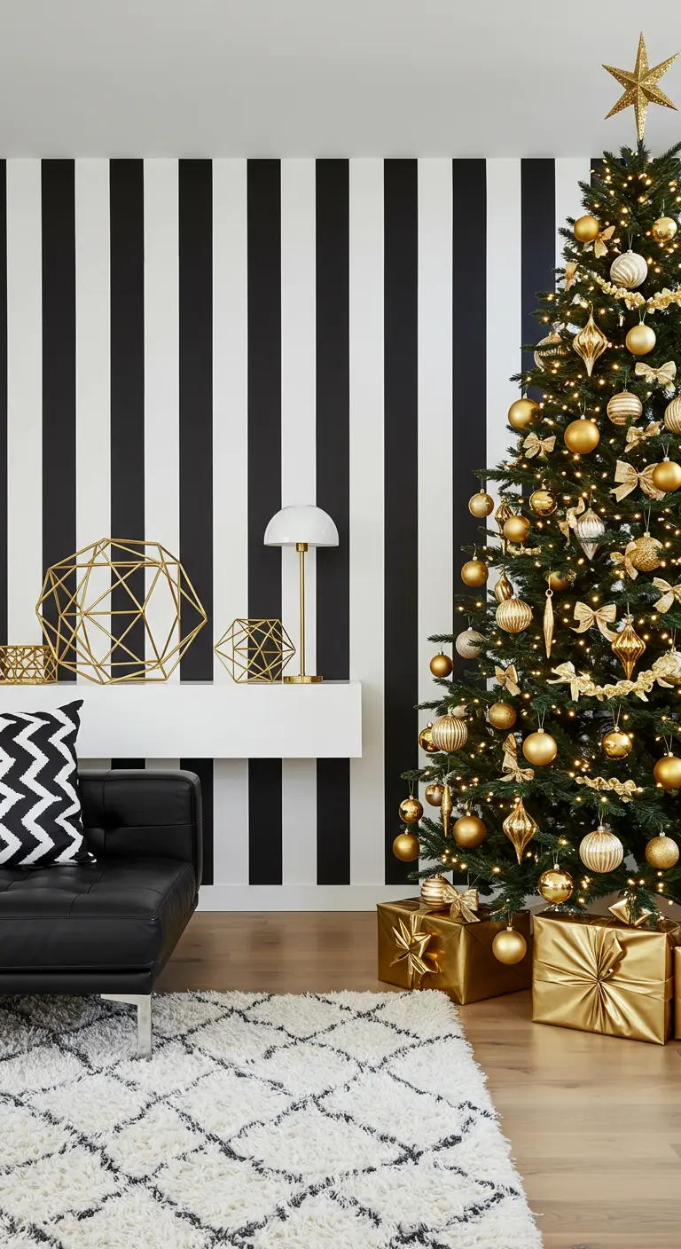 Christmas tree against a black and white striped wall with gold decor.