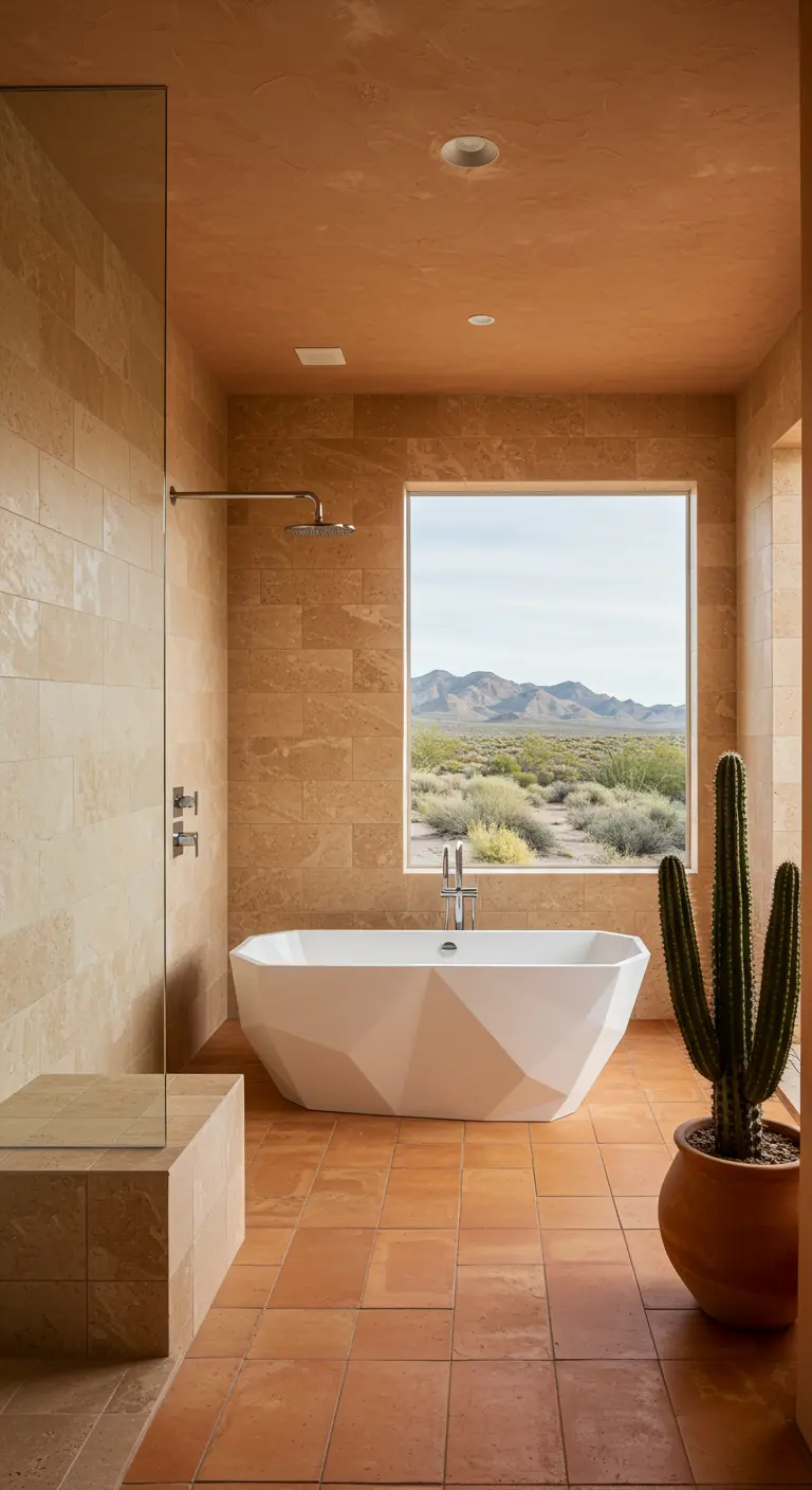 Desert modern bathroom with terracotta walls, a geometric tub, and a large cactus.