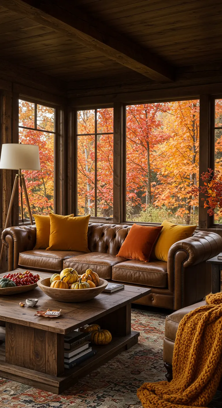 Brown leather sofa with orange and gold pillows in front of windows showing autumn trees.
