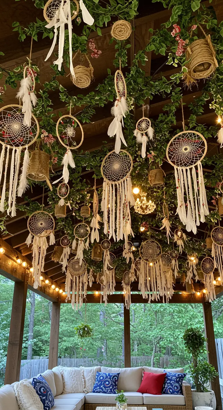 A covered patio ceiling completely filled with hanging dreamcatchers, ivy, and string lights.
