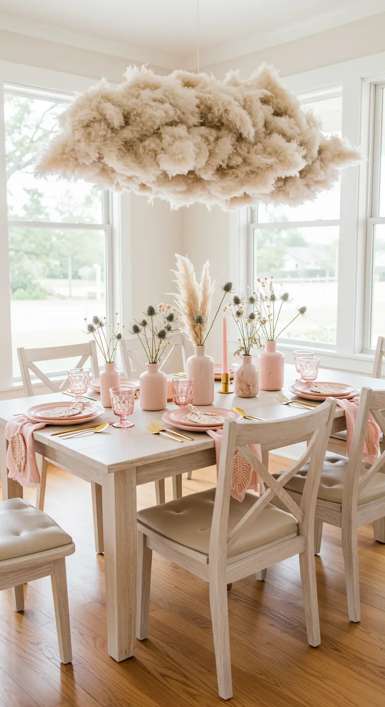 A dining table set with pink accents under a large, fluffy white cloud-like chandelier.