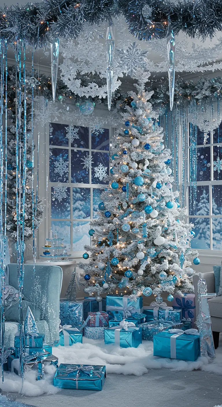 An icy-themed room with a flocked tree, blue and silver decor, and hanging snowflakes.