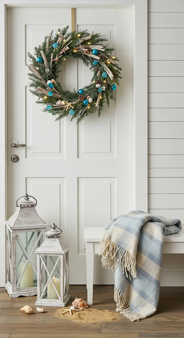 Coastal Christmas decor with a driftwood wreath on a white door and whitewashed lanterns.