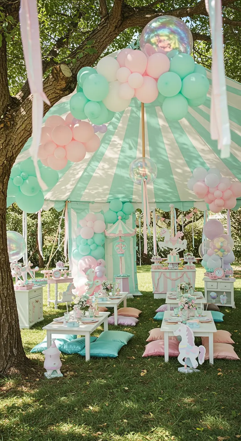 A pastel-themed carnival party with a mint green and white striped tent and soft balloon decor.